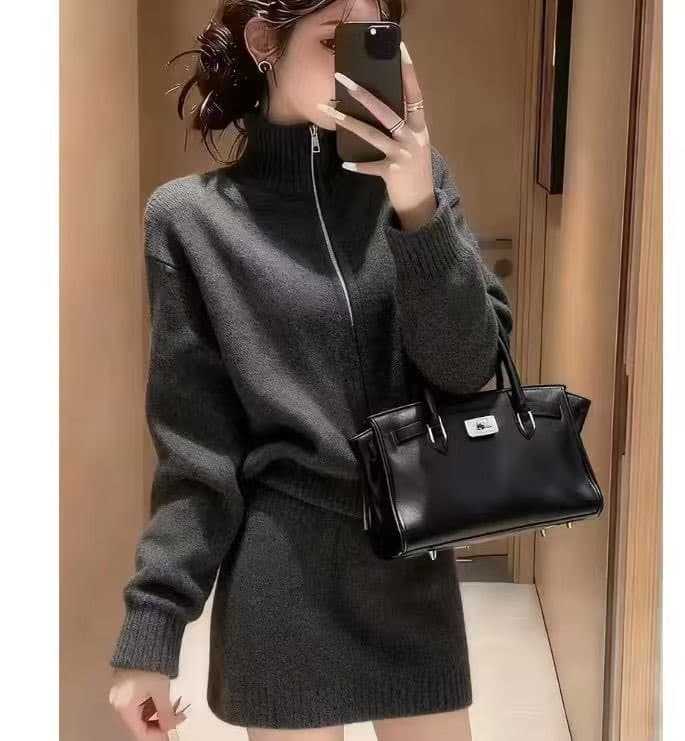 프랑스식 고유 한 겨울 의류 전체 집합 작은 샤넬 스타일 회색 스웨터 오픈 가디건 고급 센스 재킷 반신 스커트 투피스 슈트 상세 이미지 3