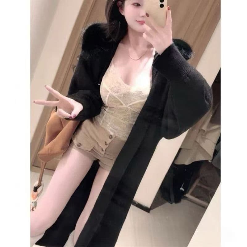 털 모피 칼라 재킷 롱 코트 바람막이 가을 겨울철 니트 오픈 가디건 스웨터 여성 의류 두꺼운 코트 루즈핏 패션 한국 스타일 이미지 5