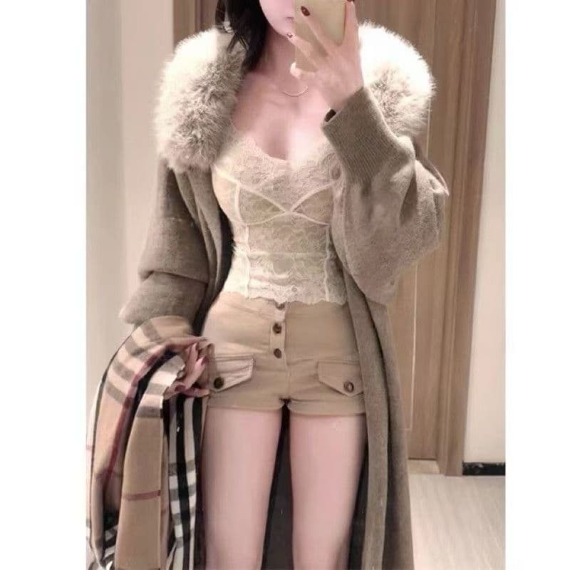 털 모피 칼라 재킷 롱 코트 바람막이 가을 겨울철 니트 오픈 가디건 스웨터 여성 의류 두꺼운 코트 루즈핏 패션 한국 스타일 상세 이미지 1
