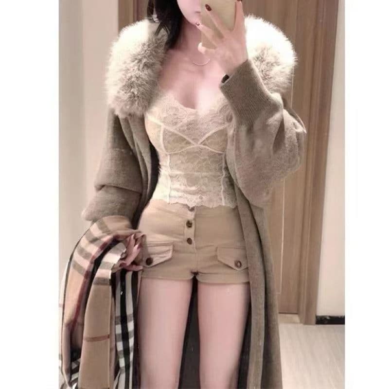 털 모피 칼라 재킷 롱 코트 바람막이 가을 겨울철 니트 오픈 가디건 스웨터 여성 의류 두꺼운 코트 루즈핏 패션 한국 스타일 상세 이미지 6