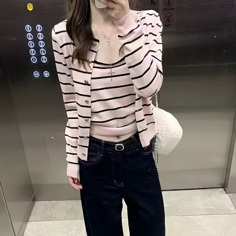 가을 겨울 한국 스타일 디자인 센스 행침 목 캐미솔 스택 착용 니트 오픈 가디건 달콤한 핫걸 쇼트 스타일 맨위 이미지 4