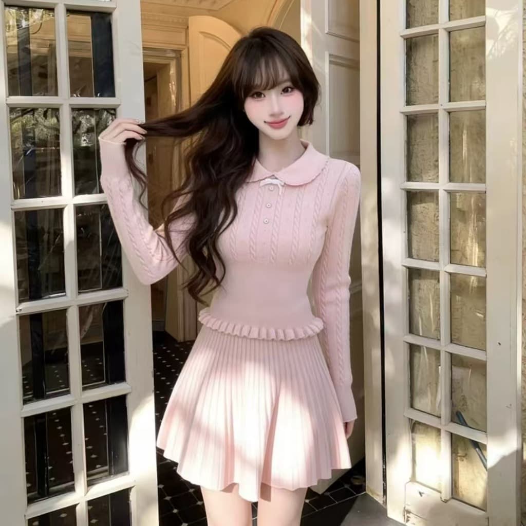 q 여자 집 새로 고침 학교 꽃 천 골드 센스 핑크색 긴팔 맨위 니트 스웨터 슈퍼 잘 생긴 가을 겨울 치마 세트 이미지 5