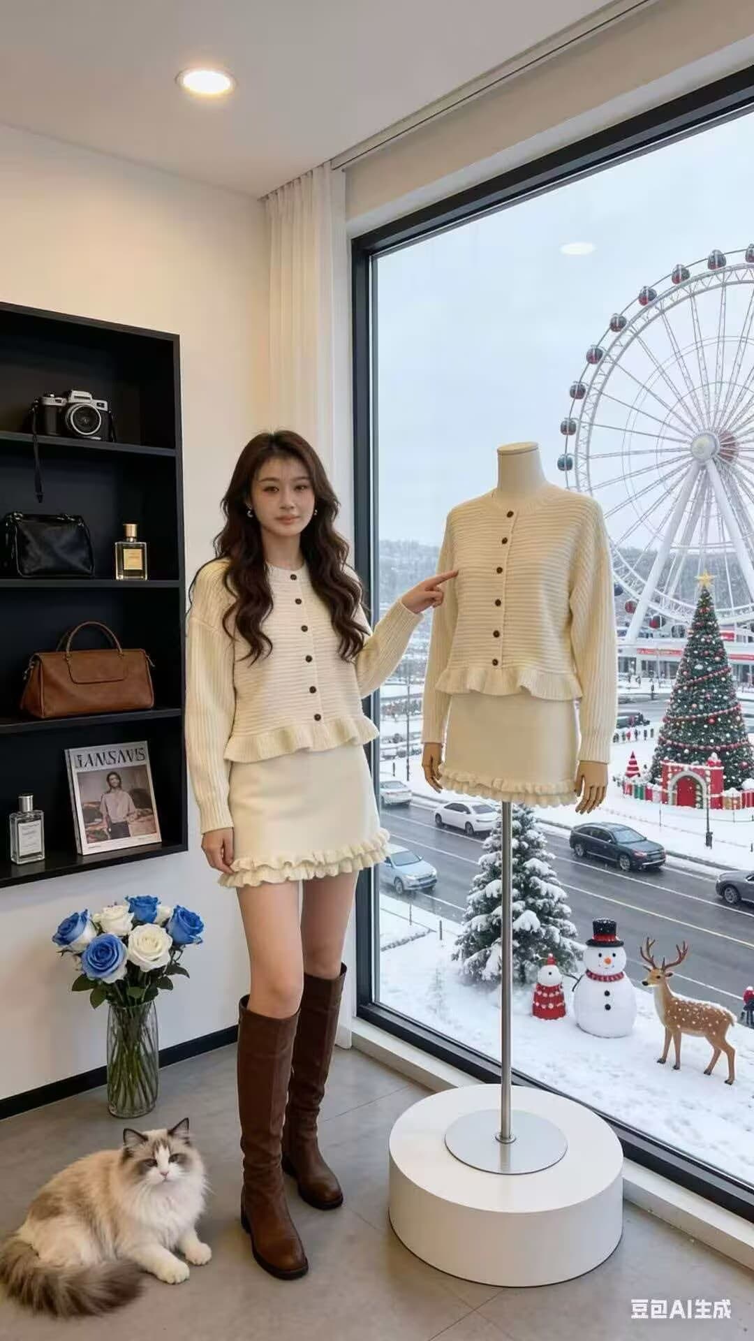 한 부서 프릴 스웨터 오픈 가디건 여성 코트 가을 겨울 투피스 세트 하이웨이스트 레이스 반신 미니 스커트 이미지 2
