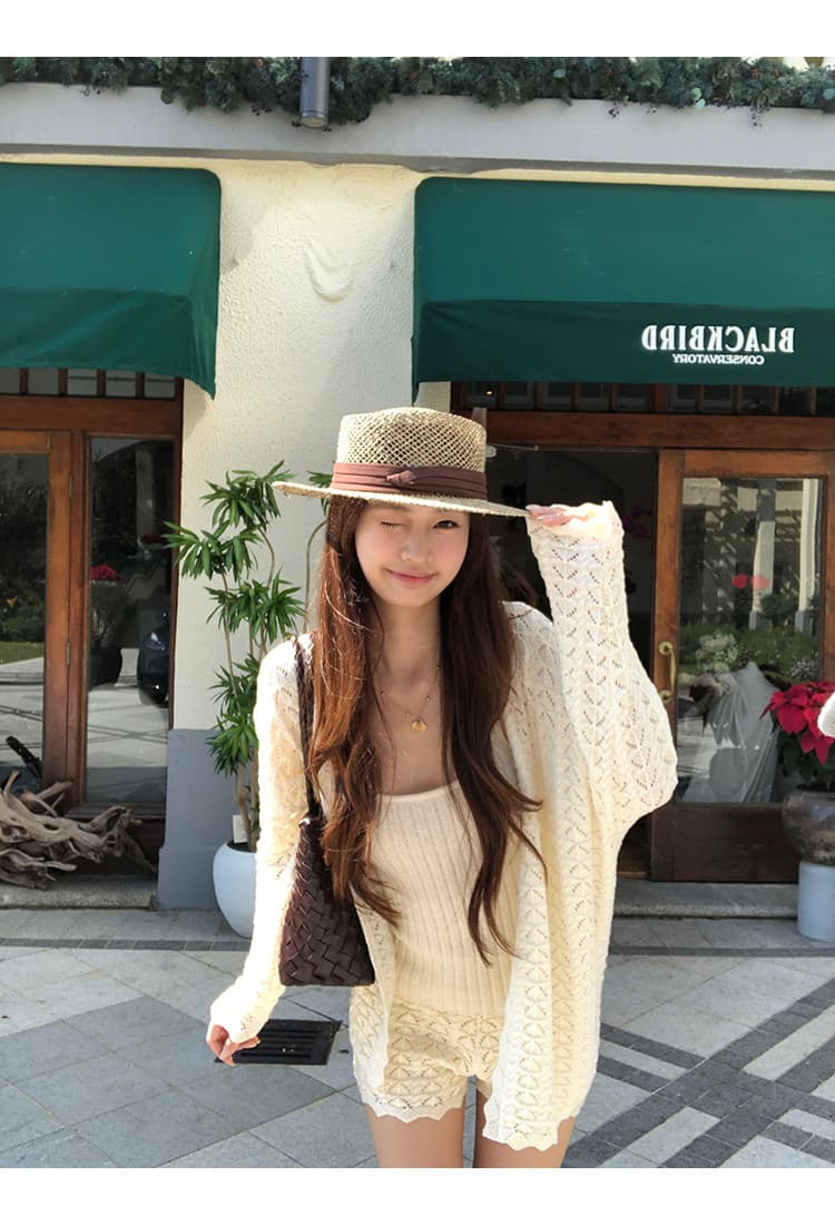 새로운 느긋한 바람 슬림해 보이는 루즈핏 홀로우 아웃 니트 오픈 가디건 슬립 허리밴드 반바지 3종 세트 상세 이미지 6