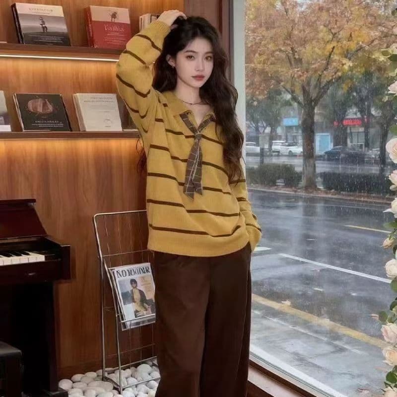 인사이드 가져 가라. 스웨터 여자 황색 두꺼운 니트 스웨터 맨위 봄 아름다움 라드. 착용 가져 가라. POLO 칼라 스웨터 이미지 3