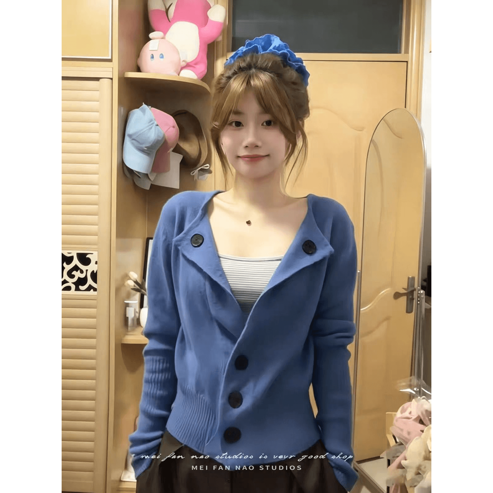 한 부서 파란색 니트 카디건 코트 여성 의류 조기 가을 작은 키 루즈핏 캐주얼 느긋한 품격 허리 수축 맨위 이미지 5