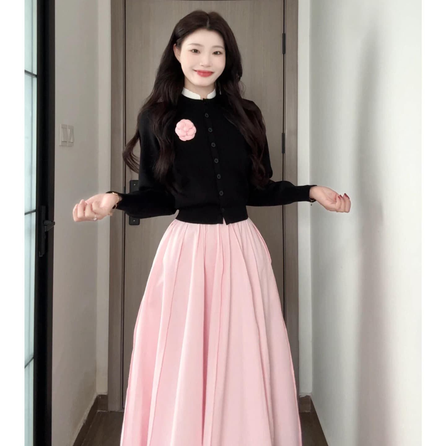 2026 새로운 한 부서 분위기 센스 착용 가져 가라. 에이즈 환자 세트 드레스 아이들 조기 봄 니트 투피스 세트 핑크색 롱 스커트 상세 이미지 5