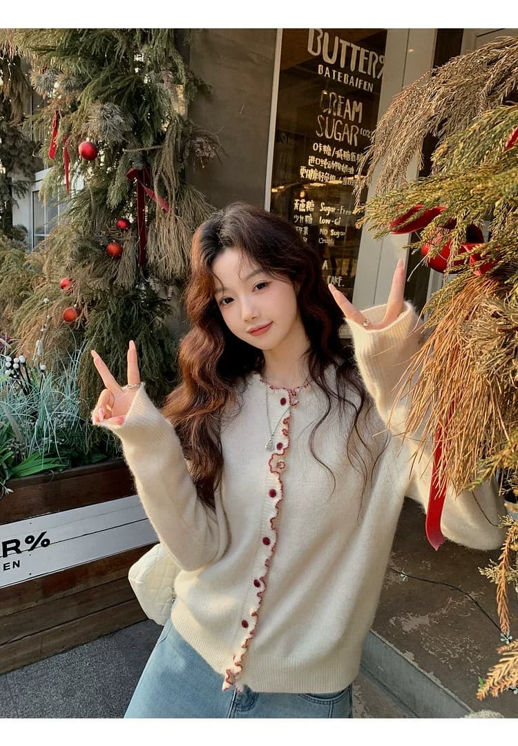 장 베이 베이 ibell 양모 너구리 털 배색 프릴 보온 슬림해 보이는 라운드 넥 다용도 니트 스웨터 상세 이미지 3