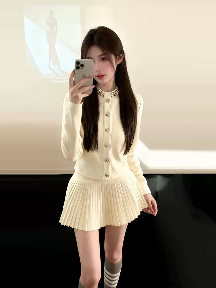 한 부서 고급 센스 작은 샤넬 스타일 품격 니트 오픈 가디건 여성 2025 가을 품격 명문 여성 반신 스커트 투피스 슈트