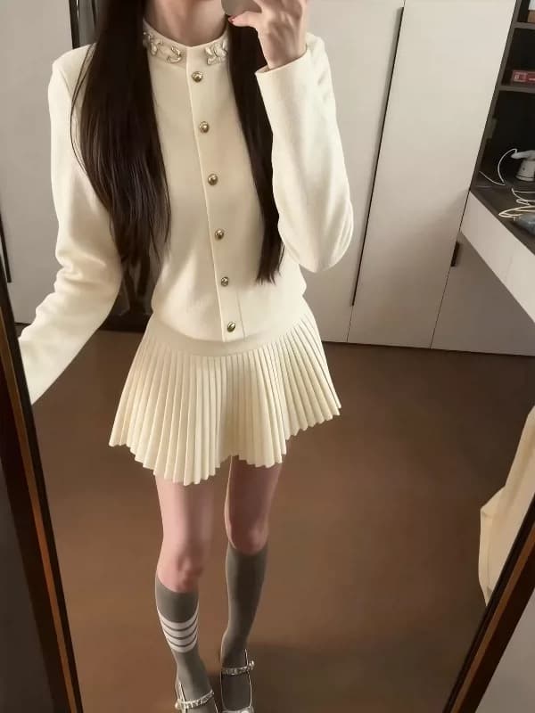 한 부서 고급 센스 작은 샤넬 스타일 품격 니트 오픈 가디건 여성 2025 가을 품격 명문 여성 반신 스커트 투피스 슈트 상세 이미지 10