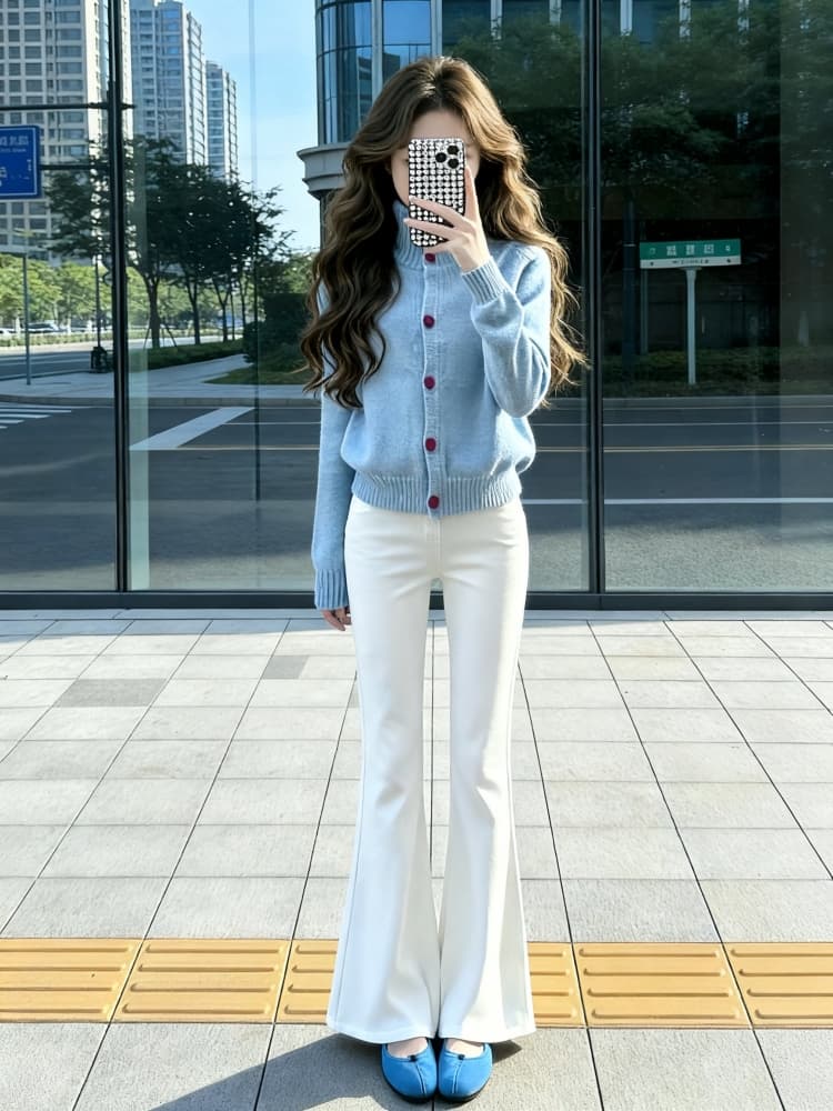 착용 가져 가라. 전체 집합 고급 센스 로얄 자매 빛 요리 한 작은 대중 아니요 명중 섹션 니트 오픈 가디건 부츠컷 청바지 두 조각 여성 세트 상세 이미지 2