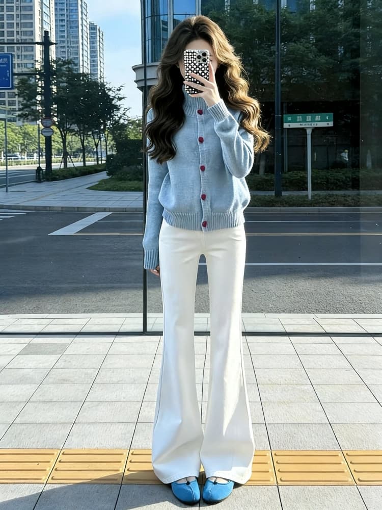 착용 가져 가라. 전체 집합 고급 센스 로얄 자매 빛 요리 한 작은 대중 아니요 명중 섹션 니트 오픈 가디건 부츠컷 청바지 두 조각 여성 세트 상세 이미지 4