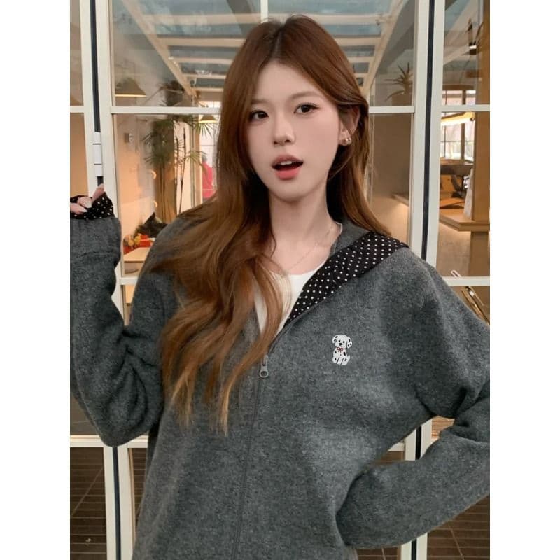 도트 무늬 패치워크 디자인 센스 후드 스웨터 오픈 가디건 남녀 봄 가을 루즈핏 지퍼 니트 재킷 상세 이미지 4