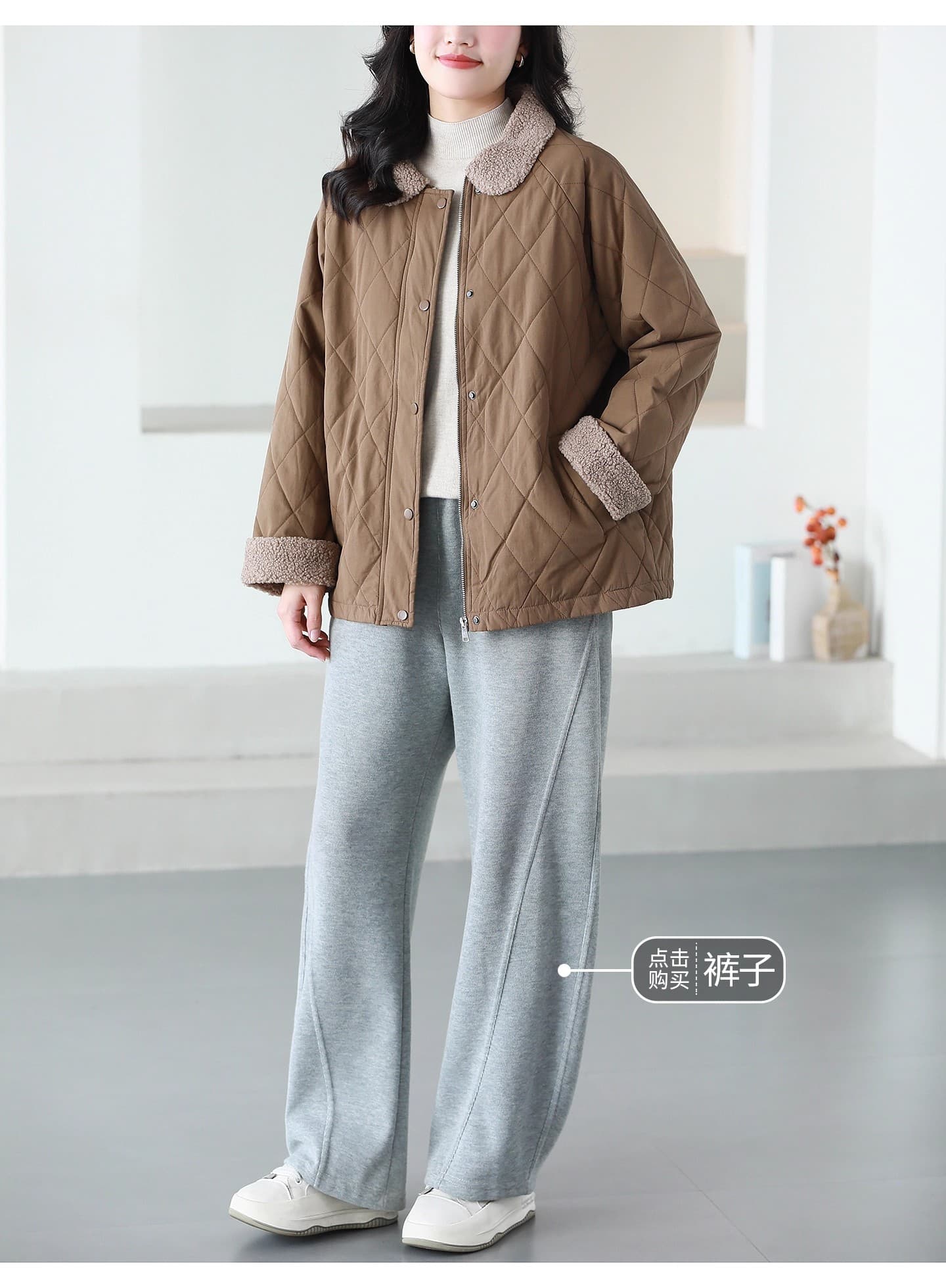 비 실사 겨울 솜을 넣은 링 그리드 재킷 폴로 칼라 캐주얼 다용도 루즈핏 슬림해 보이는 겨울 모방 양털 패치워크 재킷 상세 이미지 4