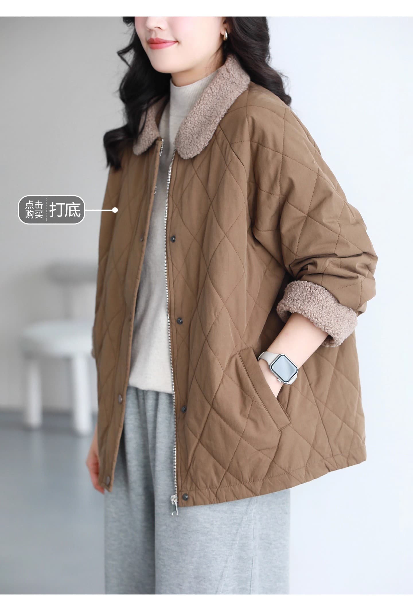 비 실사 겨울 솜을 넣은 링 그리드 재킷 폴로 칼라 캐주얼 다용도 루즈핏 슬림해 보이는 겨울 모방 양털 패치워크 재킷 상세 이미지 5