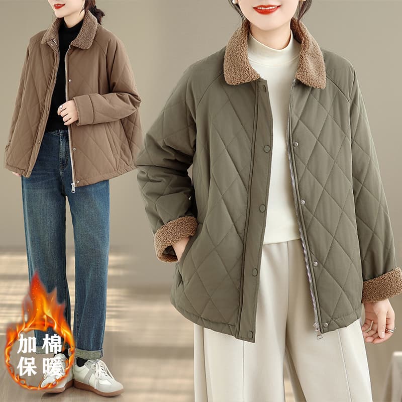 실사 겨울 솜을 넣은 링 그리드 재킷 폴로 칼라 캐주얼 다용도 루즈핏 슬림해 보이는 겨울 모방 양털 패치워크 재킷