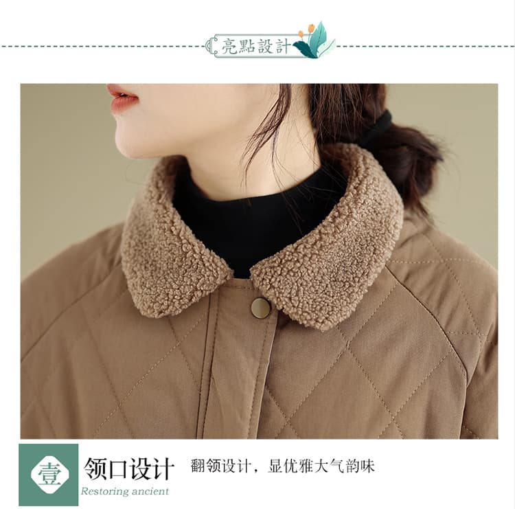 실사 겨울 솜을 넣은 링 그리드 재킷 폴로 칼라 캐주얼 다용도 루즈핏 슬림해 보이는 겨울 모방 양털 패치워크 재킷 상세 이미지 4
