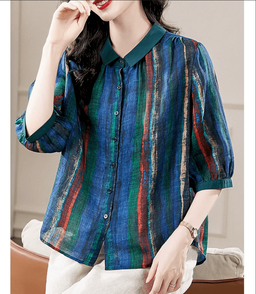비 실사 2026 여름 새로운 스트라이프 프린트 면 린넨 빅 사이즈 중노년 어머니 드레스 맨위 블라우스 반팔