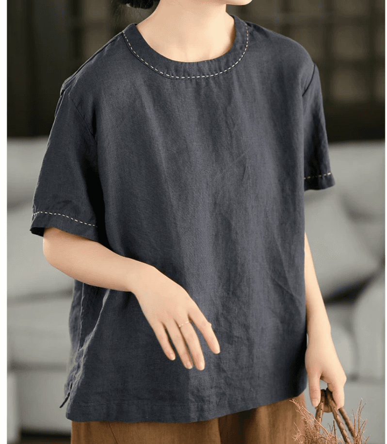 비 실사 2026 여름 새로운 면 린넨 켜기 옷 걸이 선 라운드 넥 풀오버 셔츠 여름 반팔 티셔츠 슬림해 보이는 마 셔츠