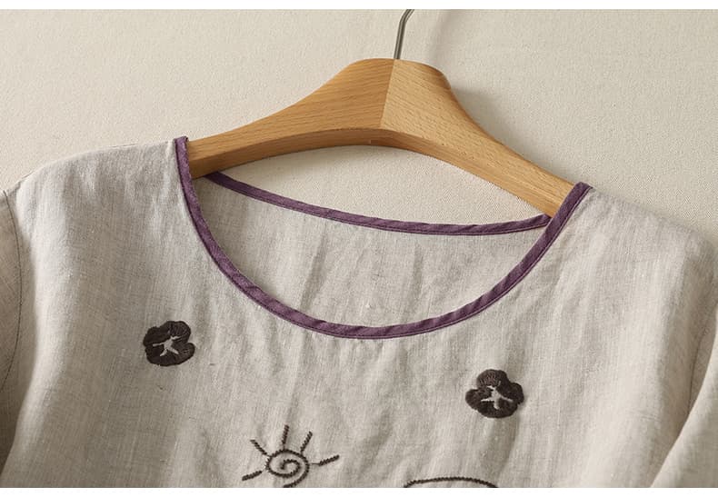 실사 2026 여름 새로운 면 린넨 다용도 자수 빅 사이즈 라운드 넥 풀오버 맨위 외국 가스 반팔 티셔츠 여성 상세 이미지 14
