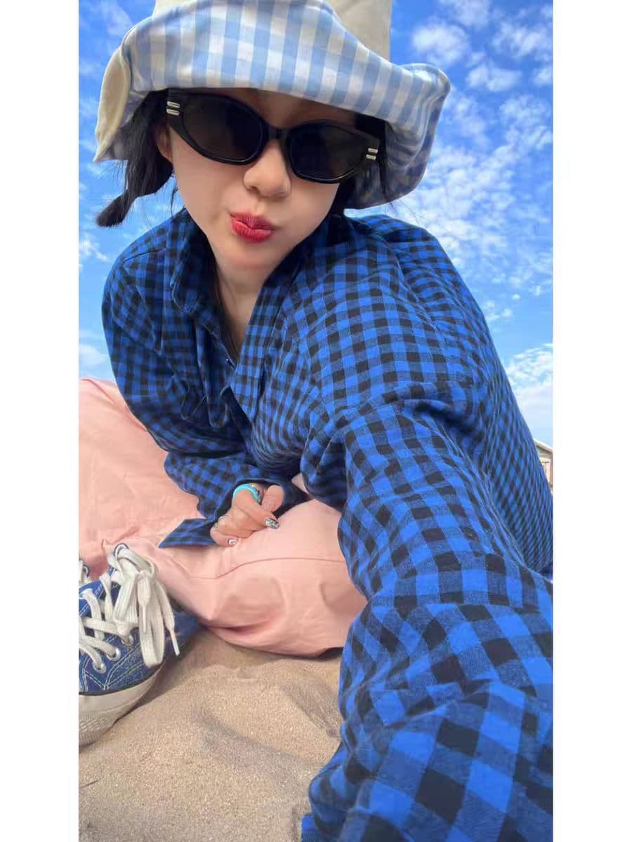파란색 체크무늬 여성 셔츠 2026 년 새로운 한 부서 루즈핏 캐주얼 레트로 셔츠 긴팔 자외선 차단 맨위 재킷 상세 이미지 14