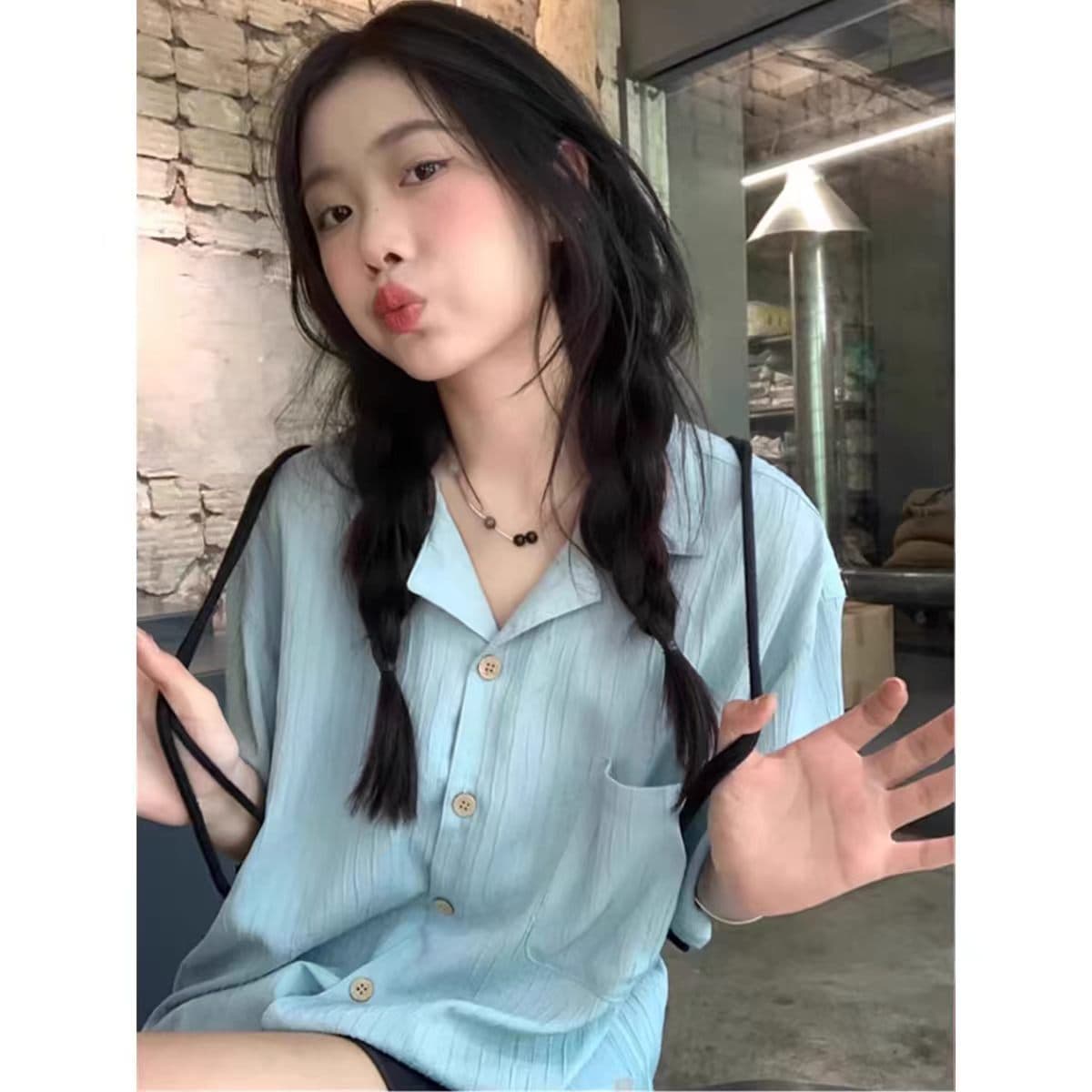 chao 수준 추천 파란색 질감 센스 반팔 여성 셔츠 여름 루즈핏 캐주얼 작은 키 다용도 맨위 트렌디 이미지 2