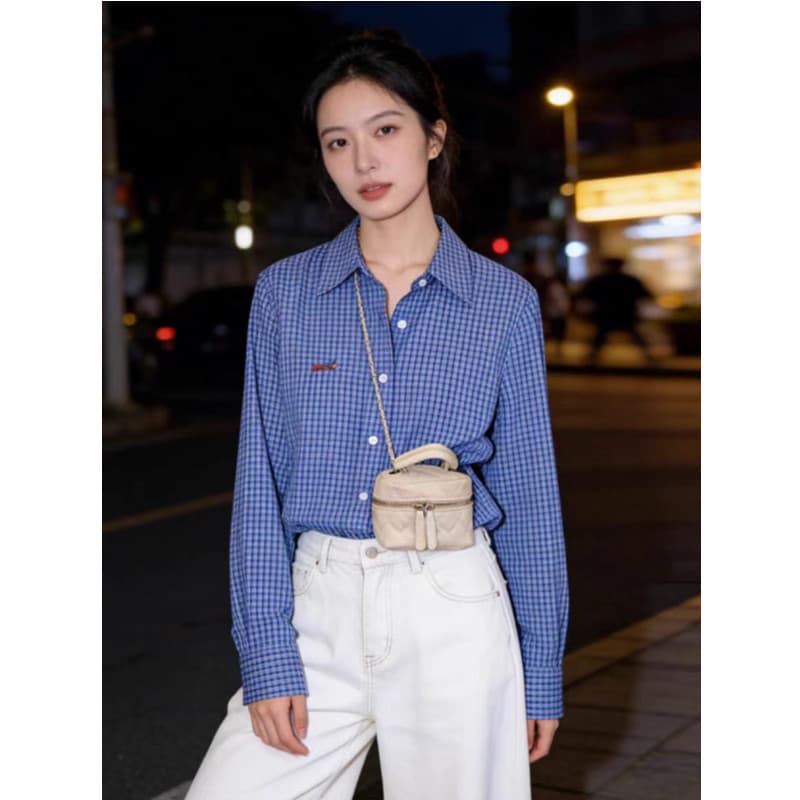 일상 캐주얼 파란색 여성 셔츠 2026 봄 가을 새로운 폴로 칼라 긴팔 작은 키 외국 가스 다용도 체크무늬 셔츠 이미지 5