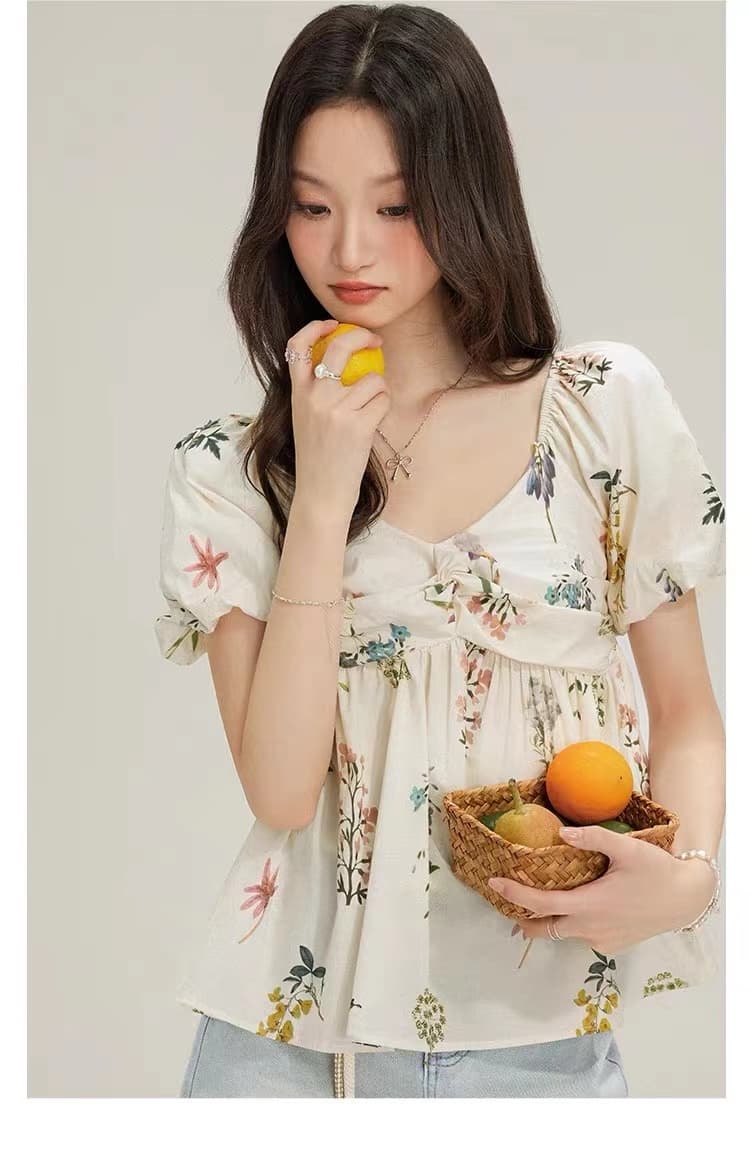 여름 품격 다용도 한 부서 부드러운 V넥 거품 소매 꽃무늬 작은 셔츠