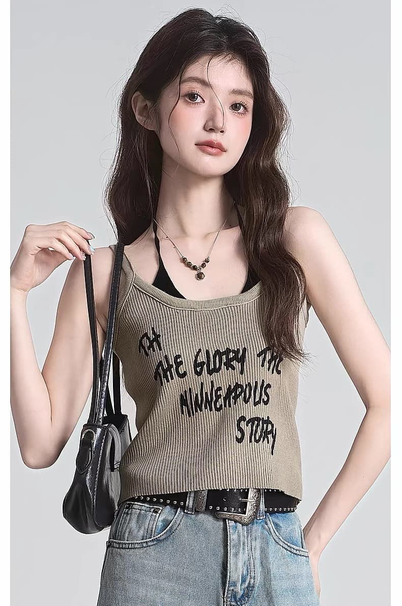 섹시함 핫걸 페이크 레이어드 배색 알파벳 프린트 캐미솔 몸매 가꾸기 슬림해 보이는 맨위 상세 이미지 17