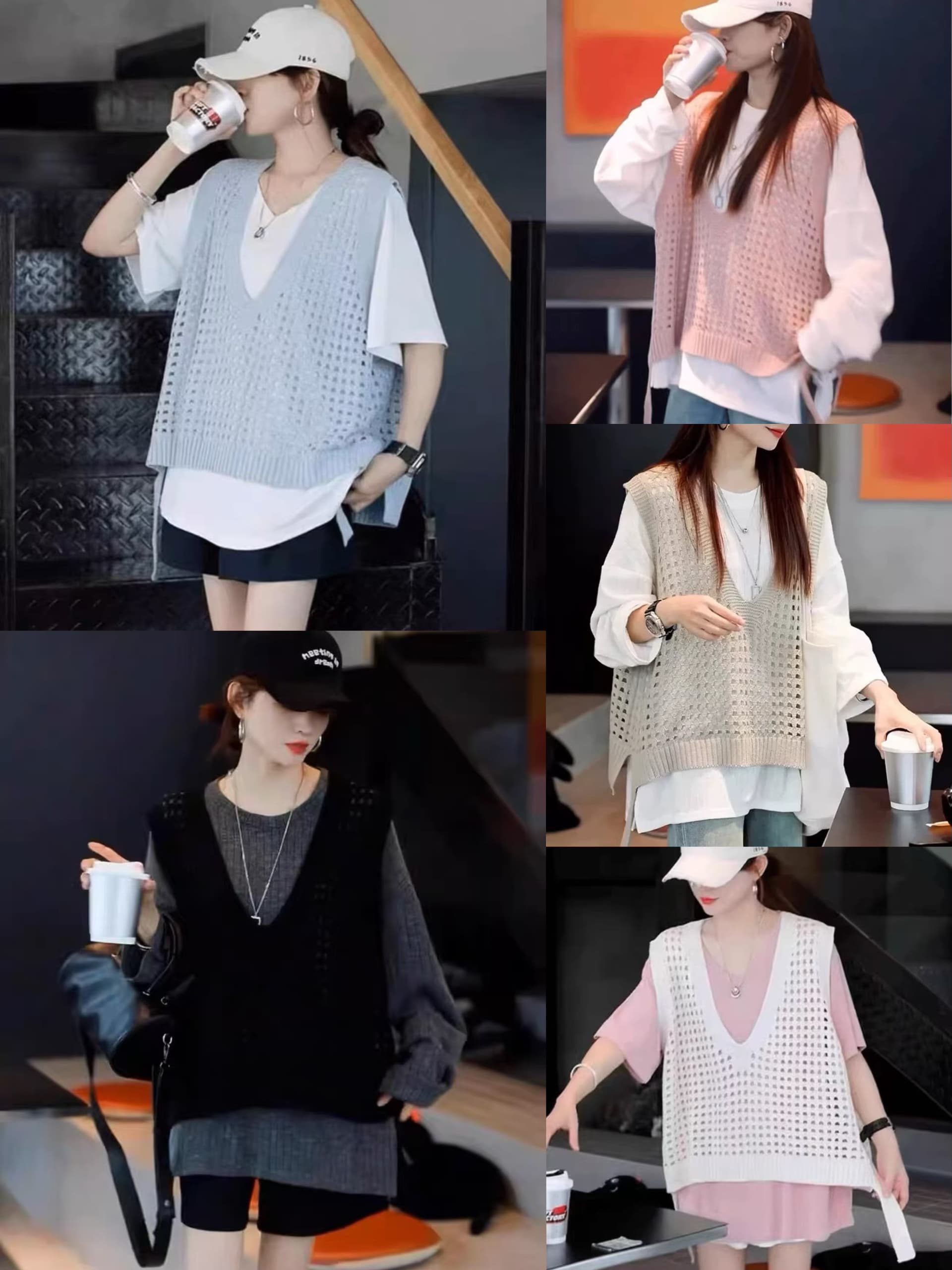 한국 동대문 Chic 홀로우 아웃 V넥 니트 조끼 여자 이른 봄 새로운 레트로 느긋한 바람 루즈핏 스택 착용