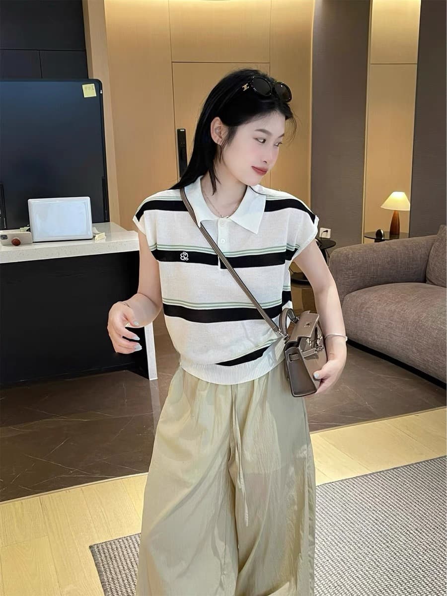 한 부서 스트라이프 POLO 칼라 얼음 실크 니트 반팔 티셔츠 여성 여름 루즈핏 슬림해 보이는 Chic 고유 한 맨위 상세 이미지 9