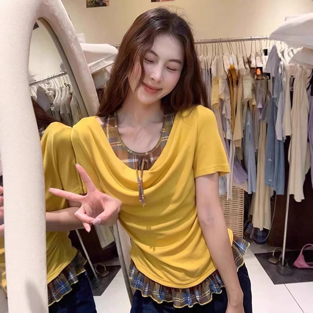 아메리칸 도파민 착용 가져 가라. 페이크 레이어드 반팔 티셔츠 맨위 여성 2026 새로운 폭발 체크무늬 패치워크 작은 셔츠