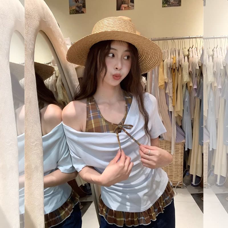 아메리칸 도파민 착용 가져 가라. 페이크 레이어드 반팔 티셔츠 맨위 여성 2026 새로운 폭발 체크무늬 패치워크 작은 셔츠 상세 이미지 3