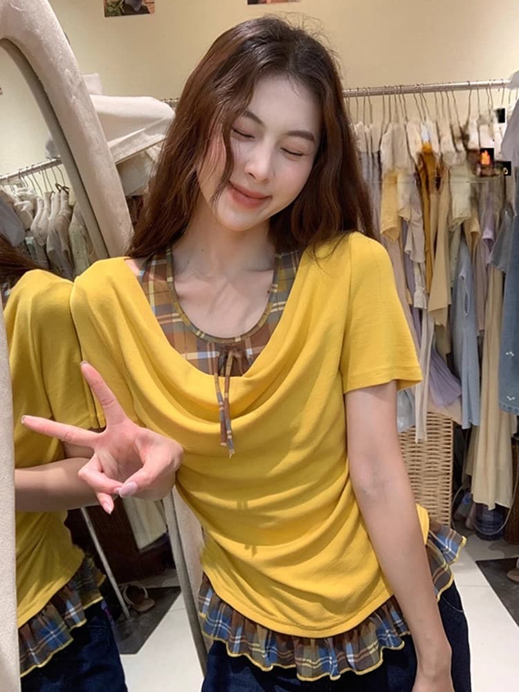 아메리칸 도파민 착용 가져 가라. 페이크 레이어드 반팔 티셔츠 맨위 여성 2026 새로운 폭발 체크무늬 패치워크 작은 셔츠 상세 이미지 15