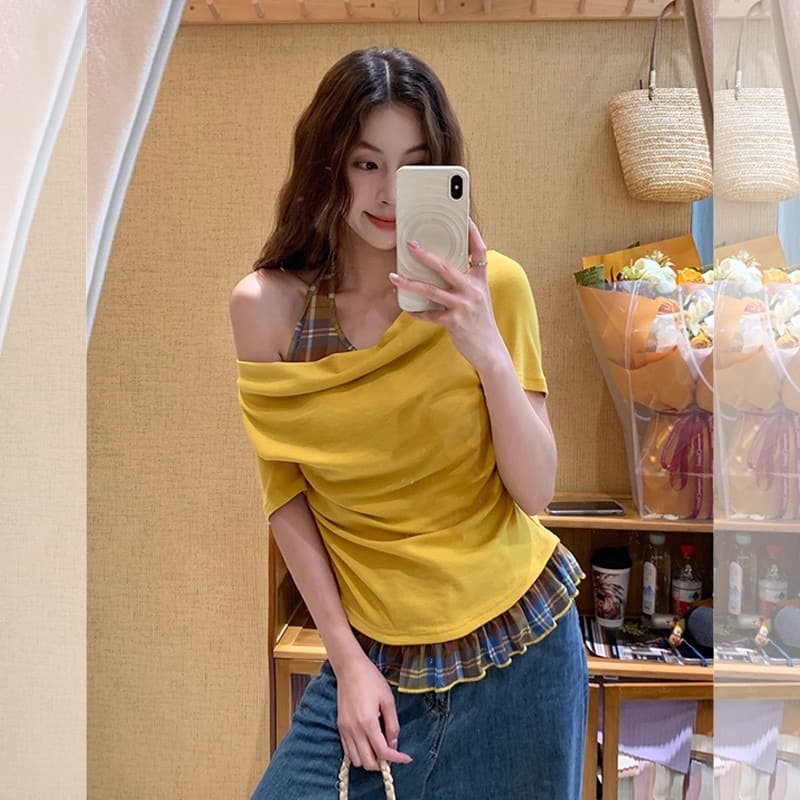 아메리칸 도파민 착용 가져 가라. 페이크 레이어드 반팔 티셔츠 맨위 여성 2026 새로운 폭발 체크무늬 패치워크 작은 셔츠 상세 이미지 17