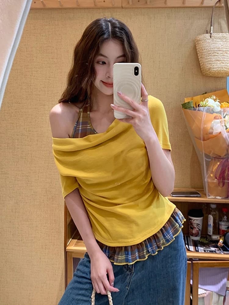 아메리칸 도파민 착용 가져 가라. 페이크 레이어드 반팔 티셔츠 맨위 여성 2026 새로운 폭발 체크무늬 패치워크 작은 셔츠 상세 이미지 24
