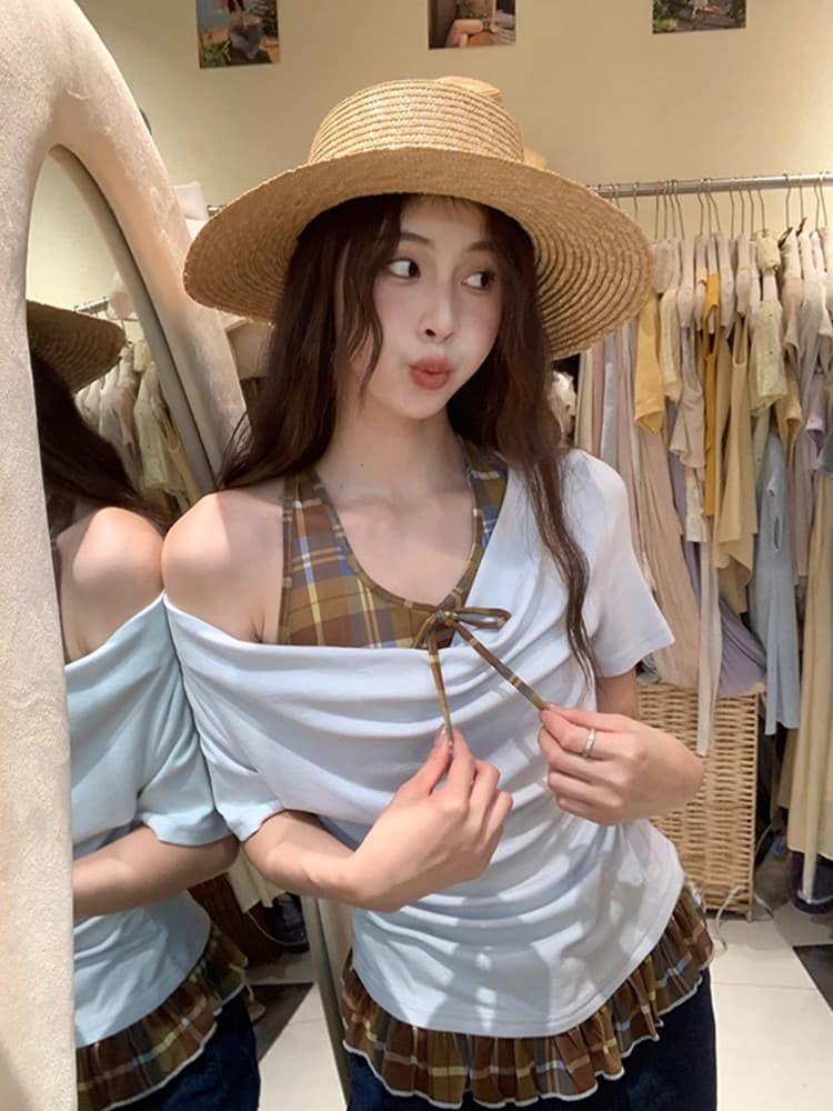 아메리칸 도파민 착용 가져 가라. 페이크 레이어드 반팔 티셔츠 맨위 여성 2026 새로운 폭발 체크무늬 패치워크 작은 셔츠 상세 이미지 29