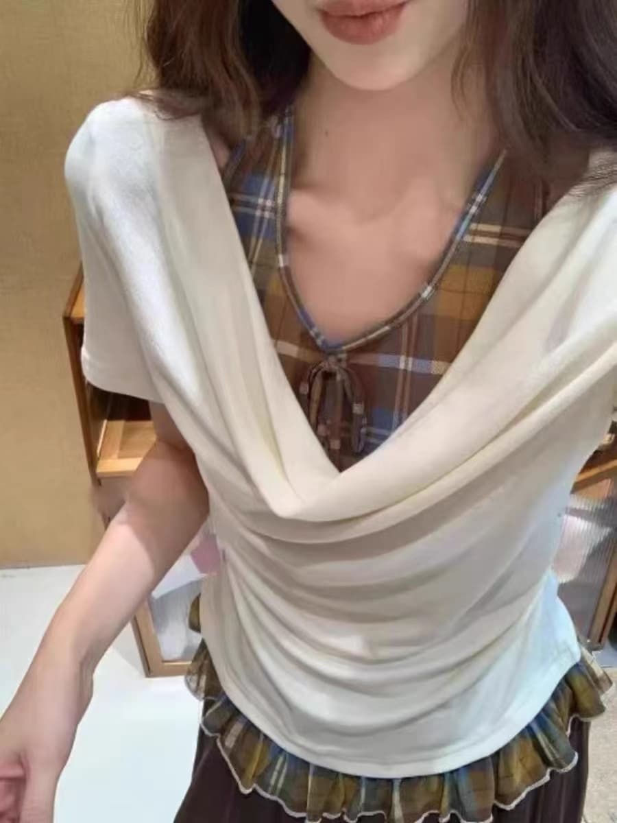 아메리칸 도파민 착용 가져 가라. 페이크 레이어드 반팔 티셔츠 맨위 여성 2026 새로운 폭발 체크무늬 패치워크 작은 셔츠 상세 이미지 37