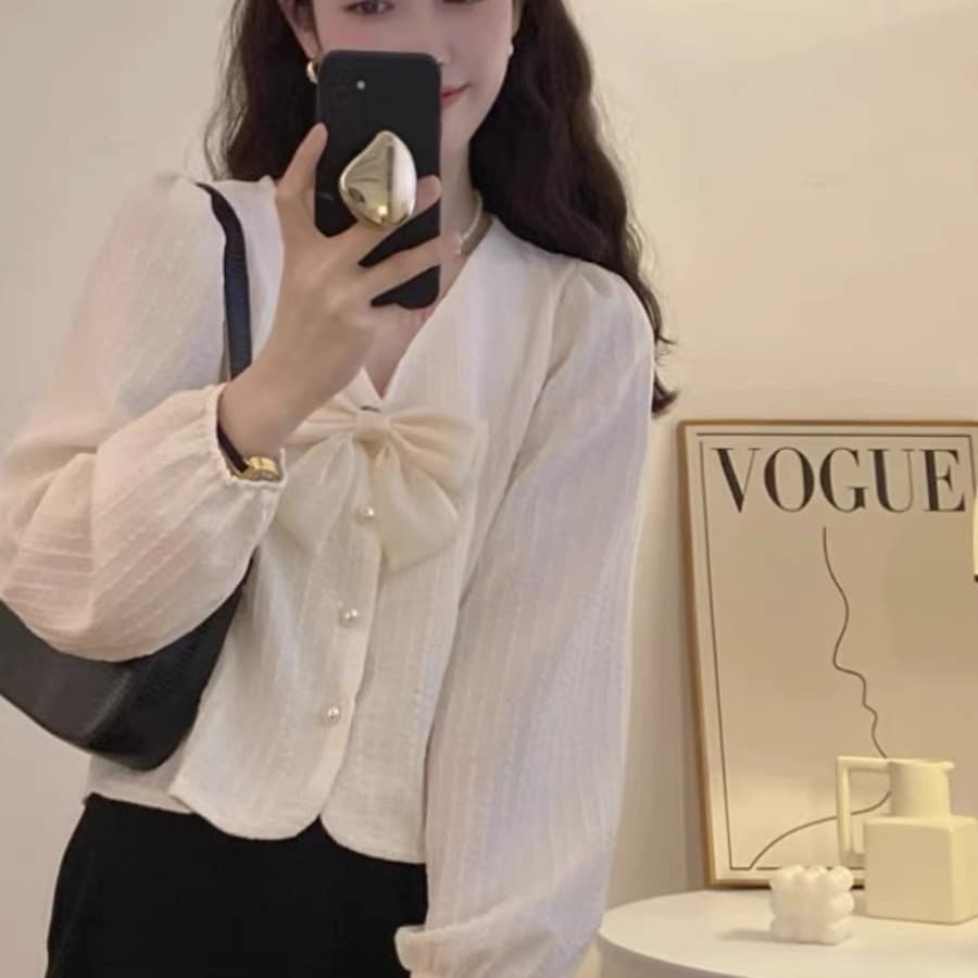 V넥 나비 매듭 거품 소매 여성 셔츠 디자인 센스 작은 대중 봄 가을 프랑스식 달콤함 Chic 쇼트 스타일 맨위 이미지 5
