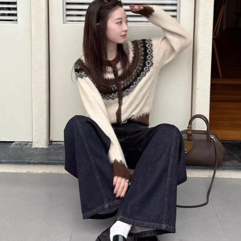영국식 바람 공정한 섬 레트로 화이트 자카드 오픈 가디건 스웨터 여성 코트 가을 겨울 느긋한 고급 센스 외출용 니트 이미지 5