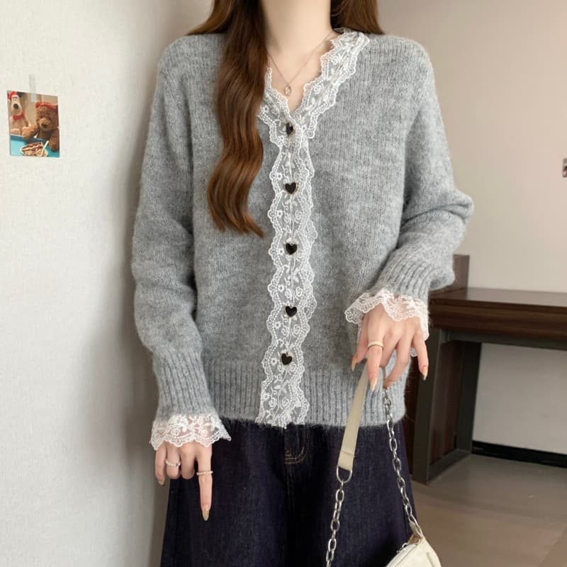 한국 스타일 패션 새로운 프랑스식 레이스 측면 패치워크 V넥 오픈 가디건 긴팔 재킷 스웨터 상세 이미지 19