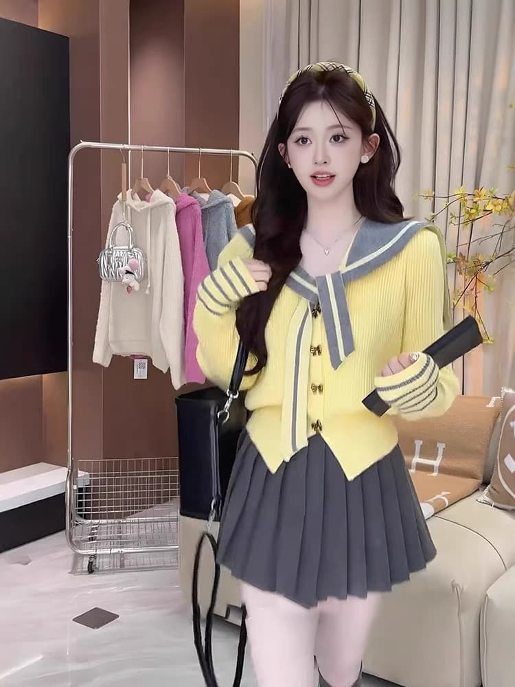 한 부서 달콤함 연령 감소 해군 칼라 니트 오픈 가디건 여성 가을 겨울 새로운 고유 한 Chic 쇼트 스타일 스웨터 코트 맨위 상세 이미지 12