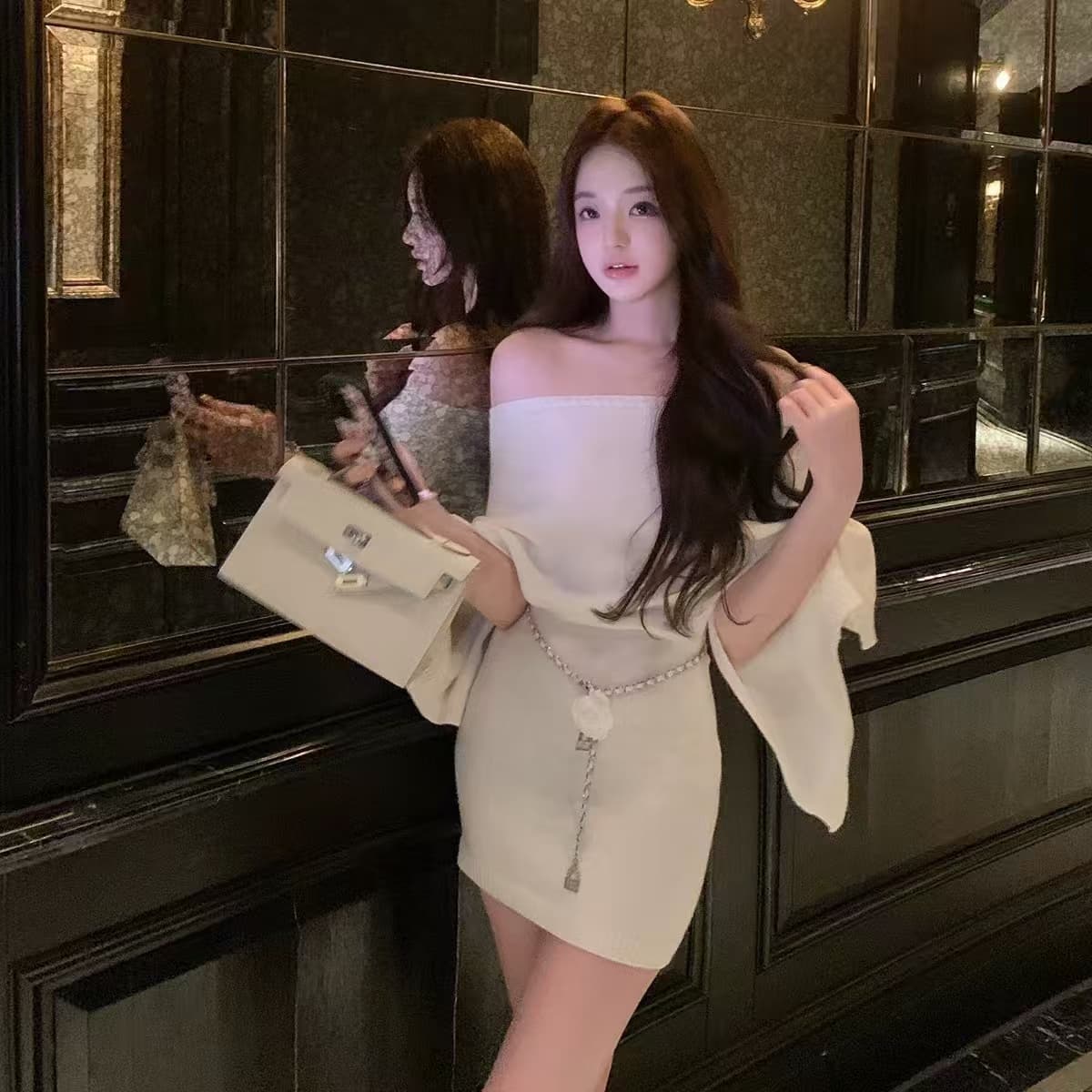 한국 동대문 허리 사슬 봄 가을 로얄 자매 착용 가져 가라. 작은 샤넬 스타일 오프숄더 니트 드레스 고급 센스 허리 수축 상세 이미지 3