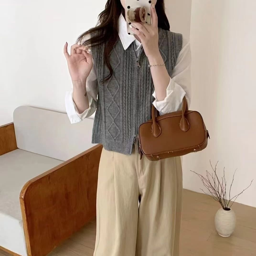 한국 스타일 패션 미니멀리즘 학원 스타일 자카드 니트 조끼 다용도 V넥 스택 착용 베스트 상세 이미지 5
