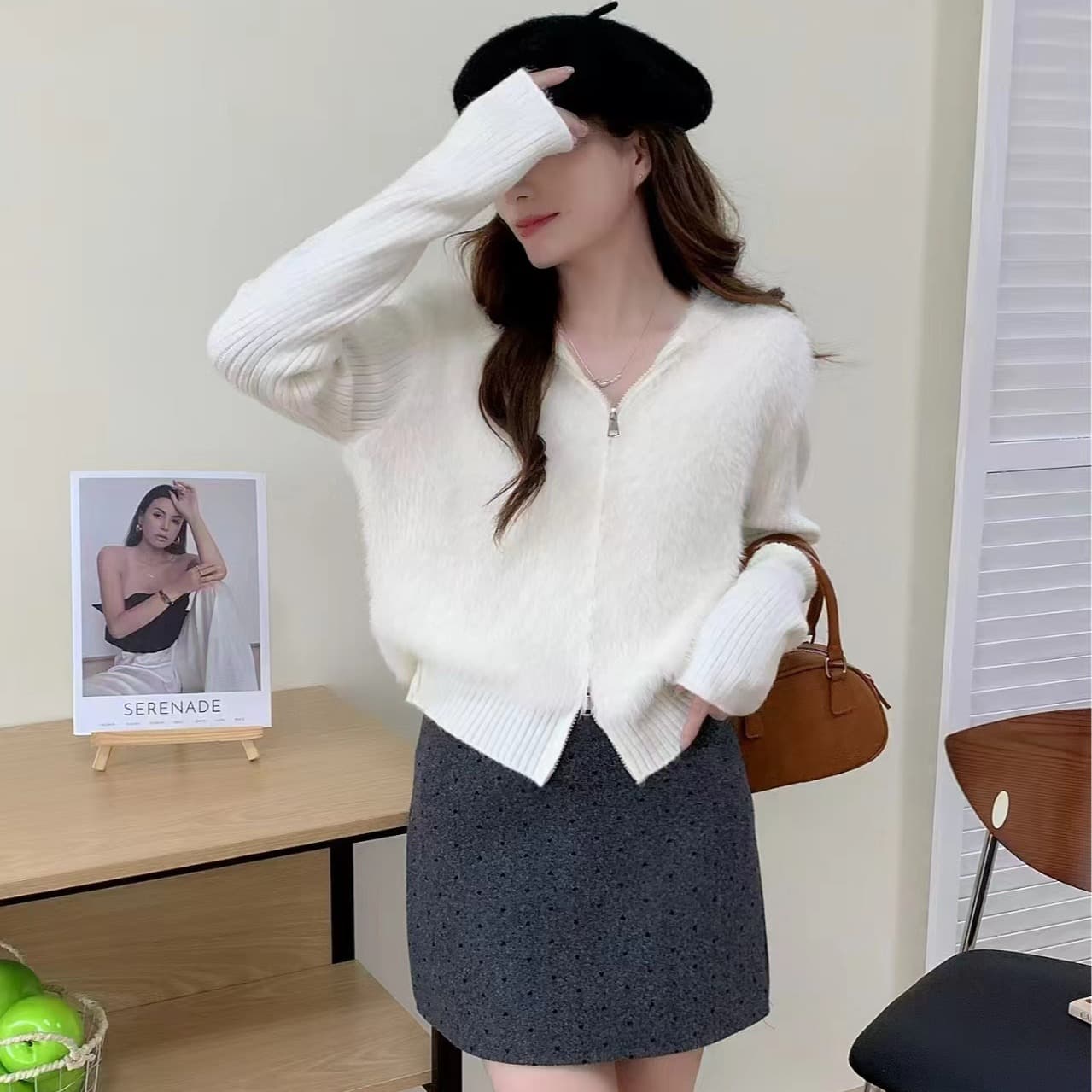 한 부서 새로운 모방 밍크 플리스 후드 스웨터 여성 코트 가을 겨울 느긋한 바람 루즈핏 더블 머리 지퍼 니트 오픈 가디건 이미지 5