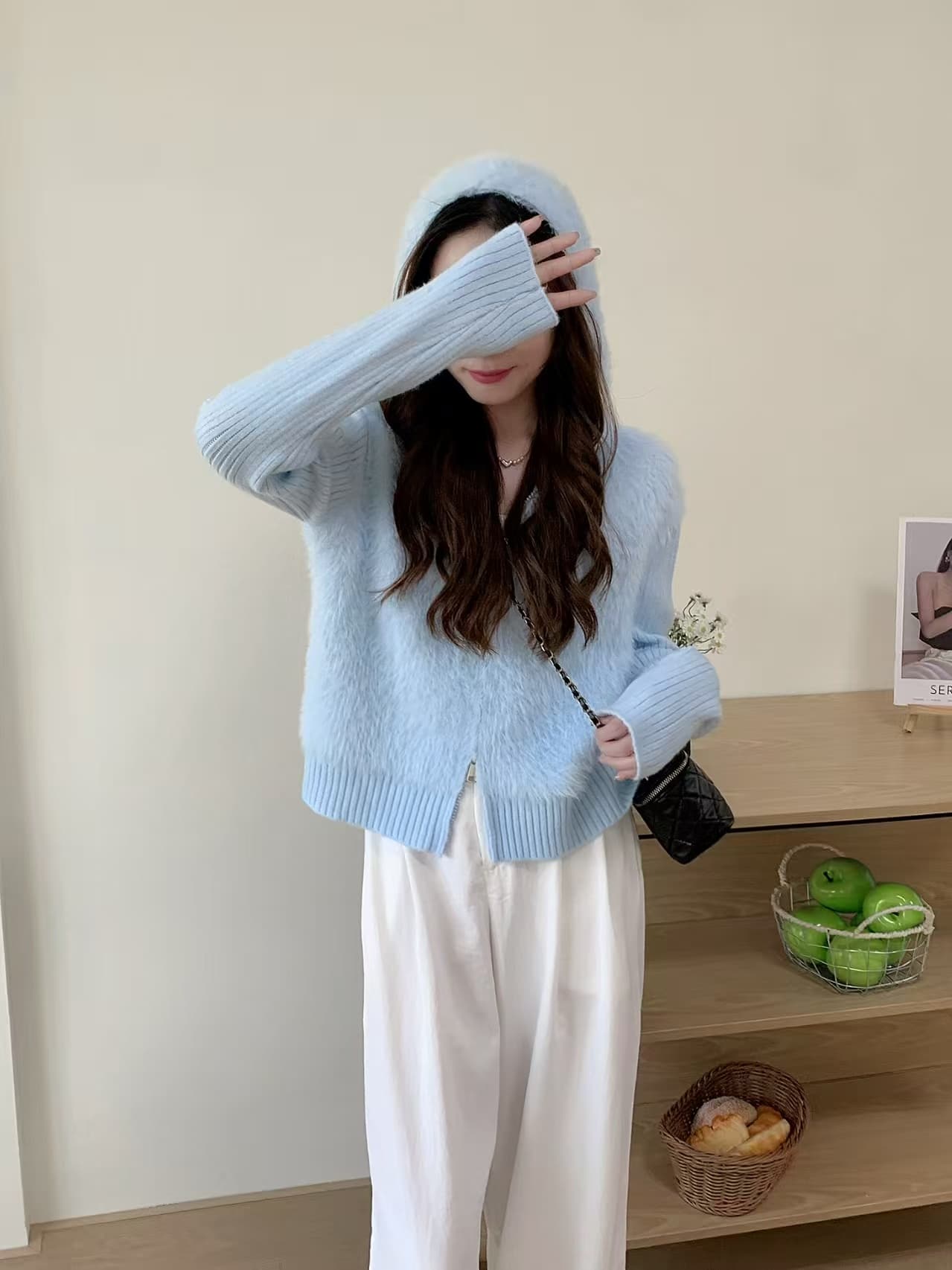 한 부서 새로운 모방 밍크 플리스 후드 스웨터 여성 코트 가을 겨울 느긋한 바람 루즈핏 더블 머리 지퍼 니트 오픈 가디건 상세 이미지 7