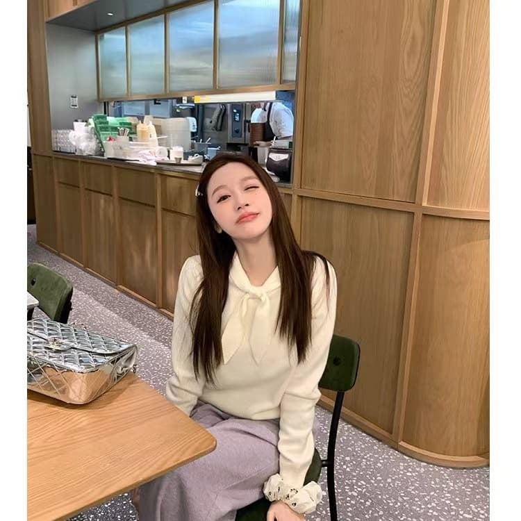 가을 새로운 토끼 아 나비 넥타이 디자인 단색 긴팔 니트 스웨터 외국 가스 캐주얼 연령 감소 스웨터 코트 이미지 3