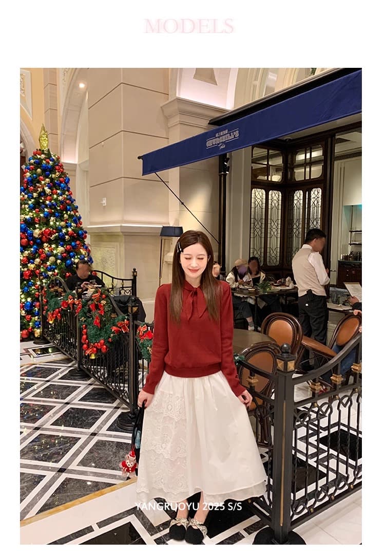 가을 새로운 토끼 아 나비 넥타이 디자인 단색 긴팔 니트 스웨터 외국 가스 캐주얼 연령 감소 스웨터 코트 상세 이미지 2