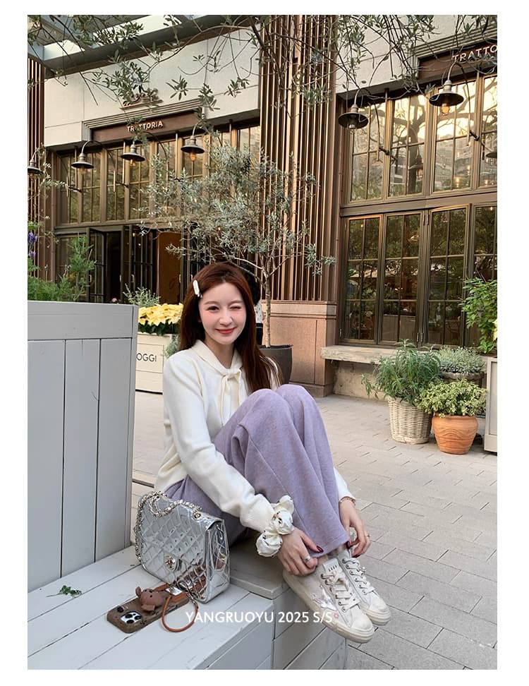 가을 새로운 토끼 아 나비 넥타이 디자인 단색 긴팔 니트 스웨터 외국 가스 캐주얼 연령 감소 스웨터 코트 상세 이미지 23