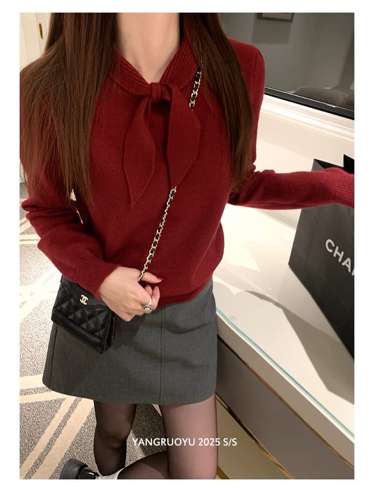 가을 새로운 토끼 아 나비 넥타이 디자인 단색 긴팔 니트 스웨터 외국 가스 캐주얼 연령 감소 스웨터 코트 상세 이미지 37